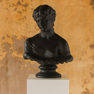 Black classical bust on a white pedestal against a textured beige wall