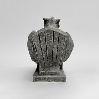 Reverse view of a happy gargoyle, leaned back in an Adirondack chair with a drink in his hand on a white background. Laid back, relaxed, happy gargoyle home decor handmade gargoyle grotesque whimsical fantasy mystical creature. Unique gift for fans of fantasy, dungeon, or dinosaurs. for someone who has everything. Gothic, medieval, unique, artisan, craft, detail, specialty, a gift that no one else has, special, protective, female owned business, family small business, local, odd, quirky gifts