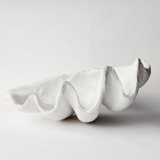 A large, white, plaster cast of a giant clam shell with ruffled edges, displayed against a white background.

House Parts handmade, crafted, artisan, high quality, statues, busts, and garden and animal figurines.  Unique gifts for everyone. Indoor decorations, Outdoor statues and garden items. Fantasy, whimsical, thoughtful gifts, original gift idea, shop small business, plaster, concrete, Clam shell, Gargoyles, Alice in Wonderland, animal lover gifts, pet memorial