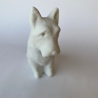 Focused on a white plaster sculpture of a Terrier sitting on his hind legs as he looks upward.  Set on a white background

House Parts handmade, crafted, artisan, high quality, statues, busts, and figurines.  Unique gifts for everyone. Indoor decorations, Outdoor statues and garden items. Thoughtful gift, animal lovers, rabbit lovers, instead of pet, small business rabbit, bunny, dog, turtle, frog, clam shell, animal lover gifts, pet memorial