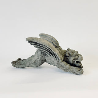 Side view of a Gargoyle figurine has his hands and wings upward.  He can rest vertically or hang from the small loop that is built into him. The figurine is on a white background. handmade gargoyle grotesque whimsical fantasy mystical creature. Unique gift for fans of fantasy, dungeon, or dinosaurs. Unique Christmas gift for someone who has everything. artisan, craft, detail, specialty, a gift that no one else has, special, protective, female owned business, local, odd, quirky gifts