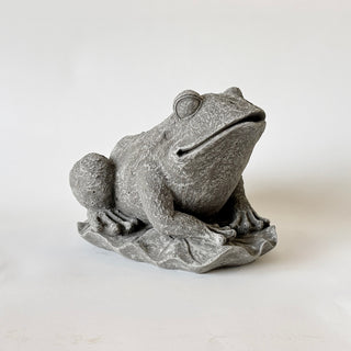 Cement sculpture of a frog sitting on a lily pad on a white background. 

House Parts handmade, crafted, artisan, high quality, statues, busts, and figurines.  Unique gifts for everyone. Indoor decorations, Outdoor statues and garden items. Thoughtful gift, animal lovers, rabbit lovers, instead of pet, small business, female owned family business, rabbit, bunny, dog, turtle, frog, clam shell