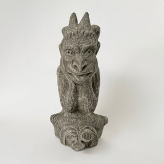 Front view of a Gargoyle figurine has his hands on his face and is deep in thought.  The figurine is on a white background. House Parts home decor handmade Atlanta gargoyle grotesque whimsical fantasy mystical creature. Unique gift for fans of fantasy, dungeon, or dinosaurs. Unique Christmas gift for someone who has everything. Gothic, medieval, unique, artisan, craft, detail, specialty, a gift that no one else has, special, protective, female owned business, family small business, local, odd, quirky gifts