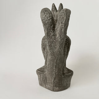 Reverse view of a Gargoyle figurine has his hands on his face and is deep in thought.  The figurine is on a white background. House Parts home decor handmade Atlanta gargoyle grotesque whimsical fantasy mystical creature. Unique gift for fans of fantasy, dungeon, or dinosaurs. Unique Christmas gift for someone who has everything or fantasy lovers. Gothic, medieval, unique, artisan, craft, detail, specialty, a gift that no one else has, special