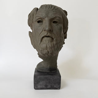 Mask of Homer on a black base with a white background. Replica of Homer’s ancient death mask. House Parts home decor handmade Atlanta. Unique gift. Unique Christmas gift for someone who has everything or history lovers. unique, artisan, craft, detail, specialty, a gift that no one else has, special, ancient Greece, Rome, Roman, mask of historical figures