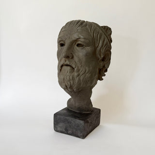 Mask of Homer on a black base with a white background. Replica of Homer’s ancient death mask. House Parts home decor handmade Atlanta. Unique gift. Unique Christmas gift for someone who has everything or history lovers. unique, artisan, craft, detail, specialty, a gift that no one else has, special, ancient Greece, Rome, Roman, mask of historical figures
