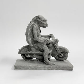 A gargoyle riding a motorcycle. House Parts home decor handmade Atlanta gargoyle grotesque whimsical fantasy mystical creature. Unique gift for fans of fantasy, dungeon, or dinosaurs. Unique Christmas gift for someone who has everything or fantasy lovers. Gothic, medieval, unique, artisan, craft, detail, specialty, a gift that no one else has, special, protective, female owned business, family small business, odd, quirky gifts, motorcycle lover gift