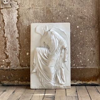 White plaster relief sculpture of Nike from Ancient Greece against a textured brown wall

House Parts handmade, crafted, artisan, high quality, statues, busts, and garden and animal figurines.  Unique gifts for everyone. Indoor decorations, Outdoor statues and garden items. Fantasy, whimsical, thoughtful gifts, original gift idea, shop small business, plaster, concrete, Clam shell, Gargoyles, Alice in Wonderland, animal lover gifts, pet memorial