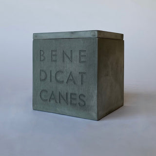 A gray pet memorial urn in the shape of a box with a lid with the inscription 'BENEDICAT CANES' or 'BLESS THE DOGS' on the front.

House Parts handmade, crafted, artisan, high quality, statues, busts, and garden and animal figurines.  Unique gifts for everyone. Indoor decorations, Outdoor statues and garden items. Fantasy, whimsical, thoughtful gifts, original gift idea, shop small business, plaster, concrete, Clam shell, Gargoyles, Alice in Wonderland, animal lover gifts