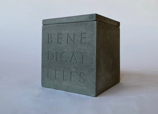 A gray pet memorial urn in the shape of a box with a lid with the inscription 'BENEDICAT FELES' or 'BLESS THE CATS' on the front.

House Parts handmade, crafted, artisan, high quality, statues, busts, and garden and animal figurines.  Unique gifts for everyone. Indoor decorations, Outdoor statues and garden items. Fantasy, whimsical, thoughtful gifts, original gift idea, shop small business, plaster, concrete, Clam shell, Gargoyles, Alice in Wonderland, animal lover gifts