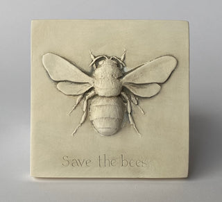 Relief sculpture of a bumblebee on a square plaque with the text 'Save the 
bees.'

House Parts handmade, crafted, artisan, high quality, statues, busts, and garden and animal figurines.  Unique gifts for everyone. Indoor decorations, Outdoor statues and garden items. Fantasy, whimsical, thoughtful gifts, original gift idea, shop small business, plaster, concrete, Clam shell, Gargoyles, Alice in Wonderland, animal lover gifts, pet memorial