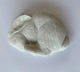 A plaster sculpture of a white sleeping bunny curled up on its side against a white background.  Peacefully sleeping away.  Sweet dreams little bunny
House Parts handmade, crafted, artisan, high quality, statues, busts, and figurines.  Unique gifts for everyone. Indoor decorations, Outdoor statues and garden items. Thoughtful gift, animal lovers, rabbit lovers, instead of pet, small business, female owned family business, rabbit, bunny, dog, turtle, frog, clam shell
