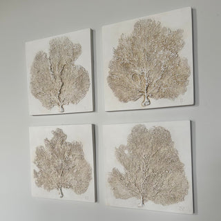 A set of four plaster sea fan plaques mounted on a wall, each depicting a detailed replica of a marine fan coral.

House Parts handmade, crafted, artisan, high quality, statues, busts, and garden and animal figurines.  Unique gifts for everyone. Indoor decorations, Outdoor statues and garden items. Fantasy, whimsical, thoughtful gifts, original gift idea, shop small business, plaster, concrete, Clam shell, Gargoyles, Alice in Wonderland, animal lover gifts, pet memorial