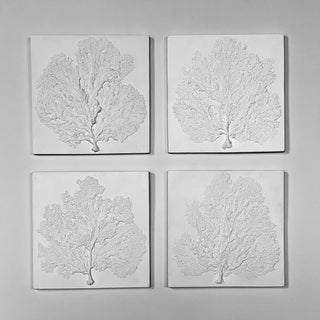 A set of four plaster sea fan plaques mounted on a wall, each depicting a detailed replica of a marine fan coral.

House Parts handmade, crafted, artisan, high quality, statues, busts, and garden and animal figurines.  Unique gifts for everyone. Indoor decorations, Outdoor statues and garden items. Fantasy, whimsical, thoughtful gifts, original gift idea, shop small business, plaster, concrete, Clam shell, Gargoyles, Alice in Wonderland, animal lover gifts, pet memorial